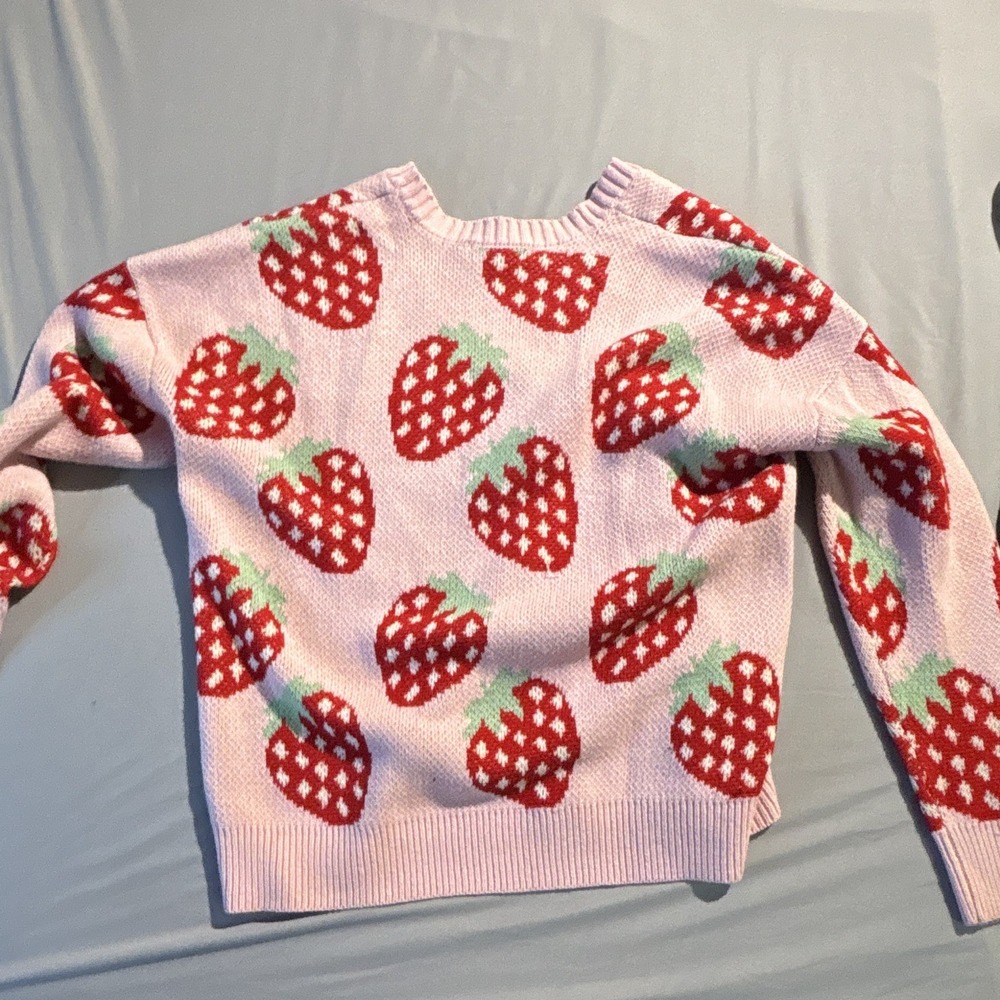 Hot Topic Womens Strawberry Cardigan Pink Red Knit V-Neck Sweater MD 17483717 - Picture 3 of 3